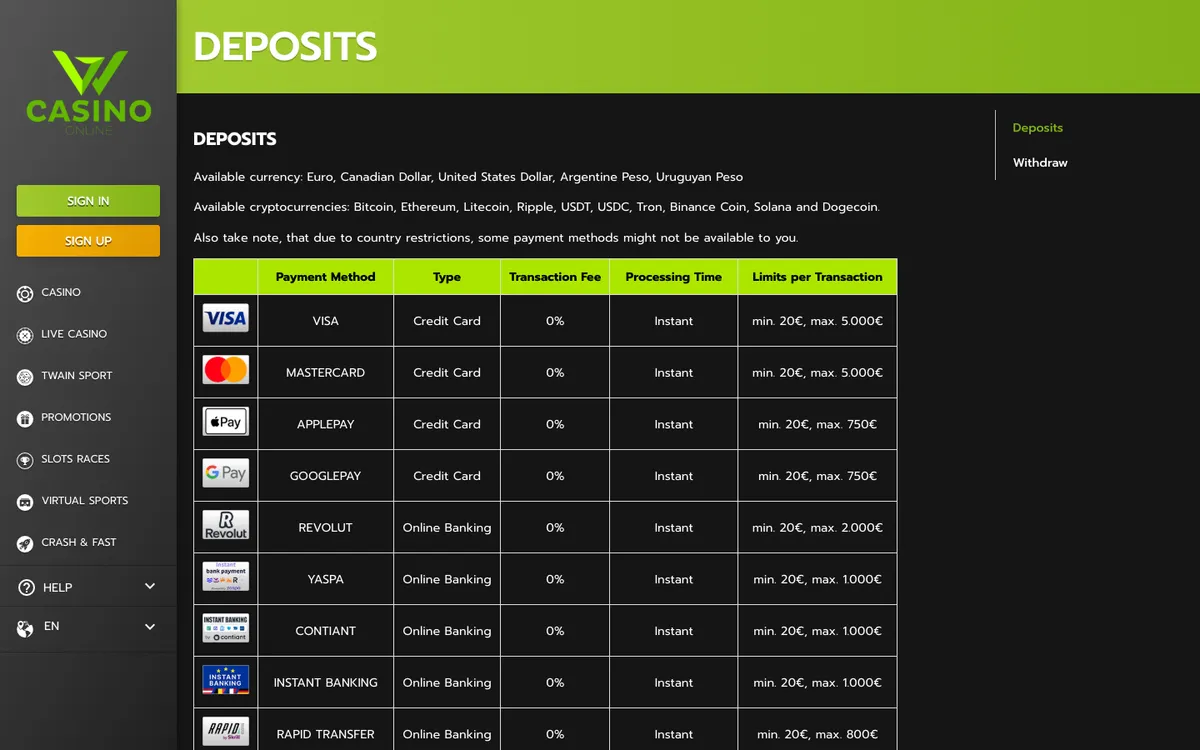 Wcasino Online — Payments, captured from Canada