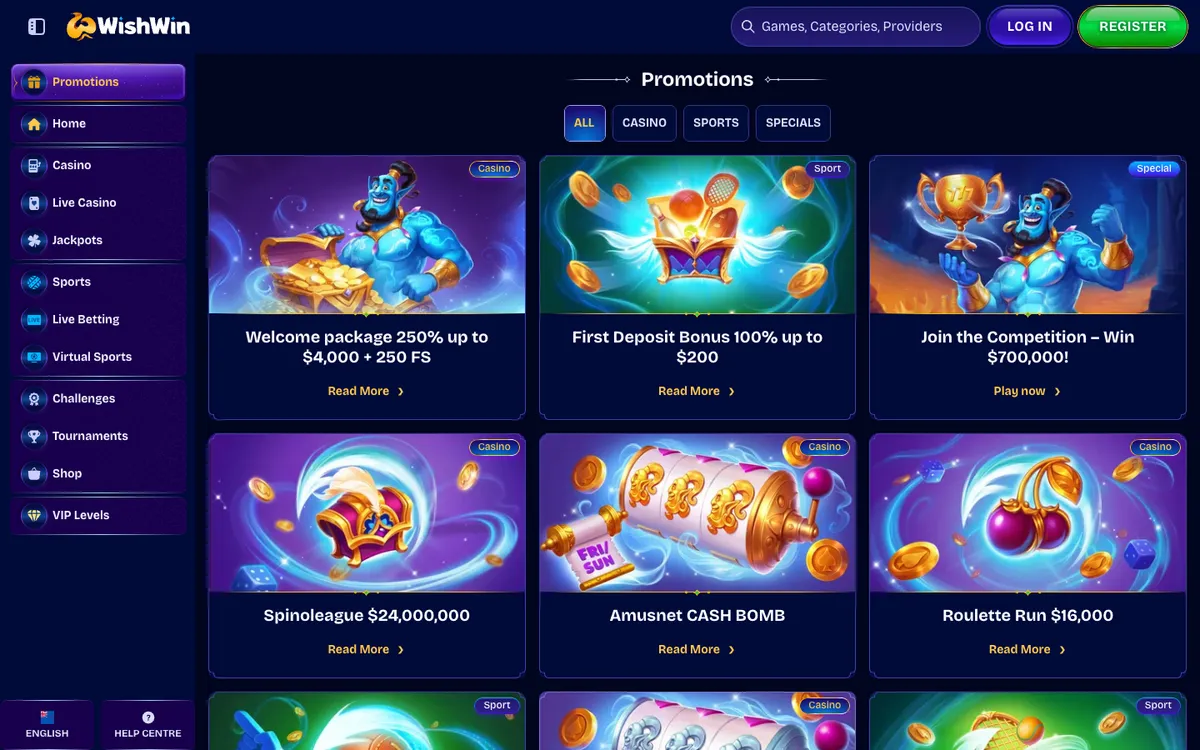 WishWin Casino — «Акции», снято из страны Новая Зеландия