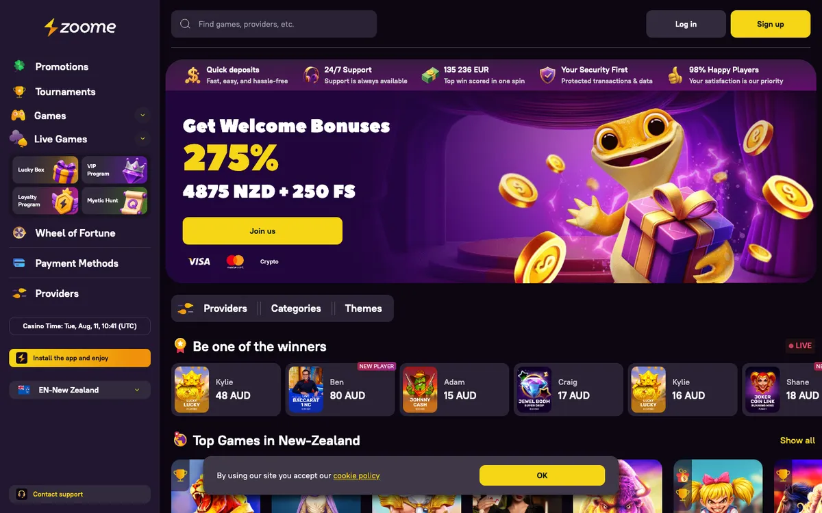 Zoome Casino — «Главная», снято из страны Новая Зеландия