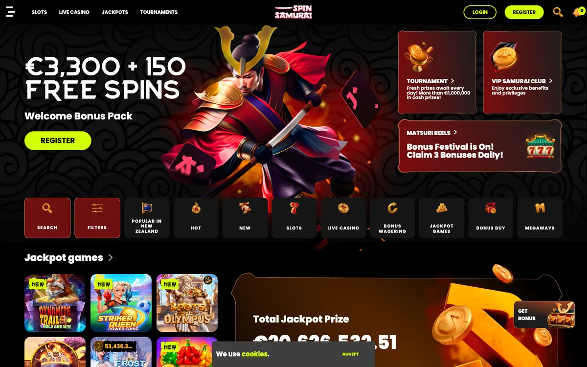 Spin Samurai Casino — Home page, captured from New Zealand