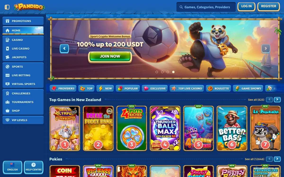 Pandido Casino — Home page, captured from New Zealand