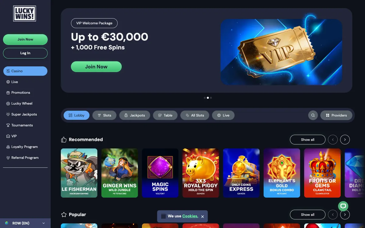 LuckyWins Casino — Home page, captured from South Africa