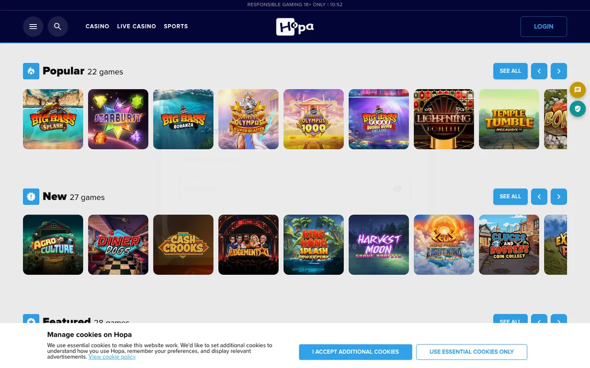 Hopa Casino — «Регистрация», снято из страны Канада