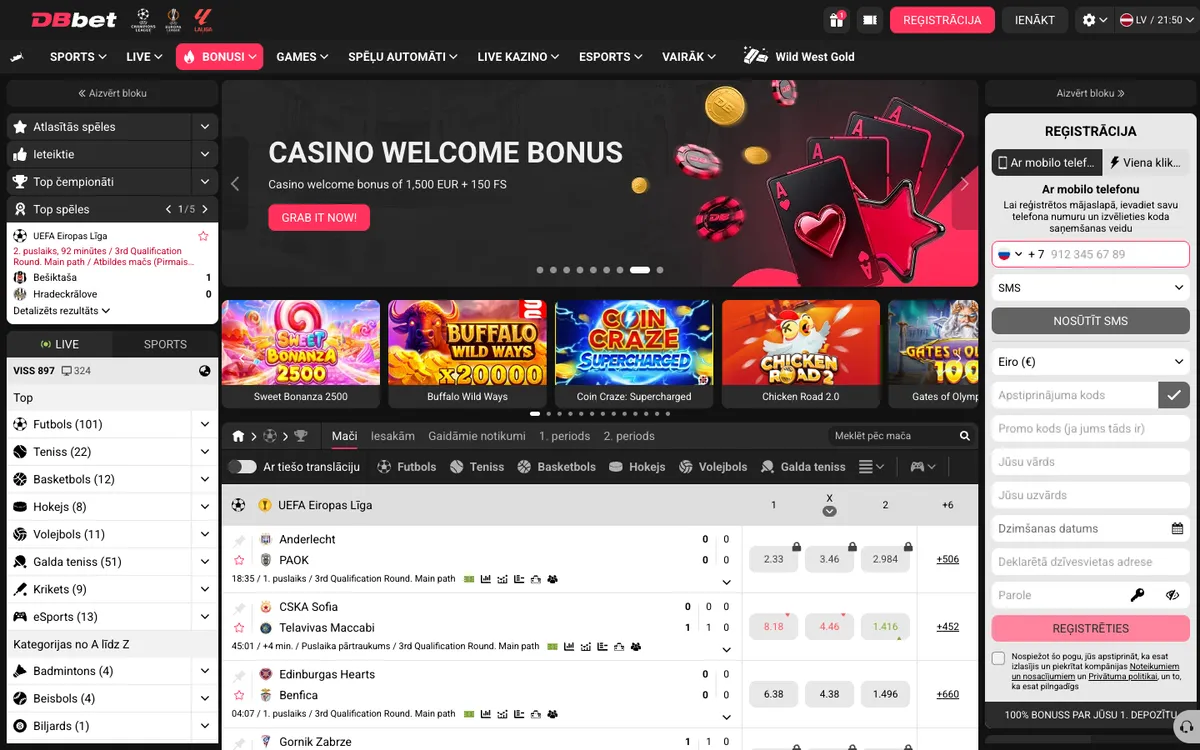 DBbet Casino — Home page, captured from Latvia