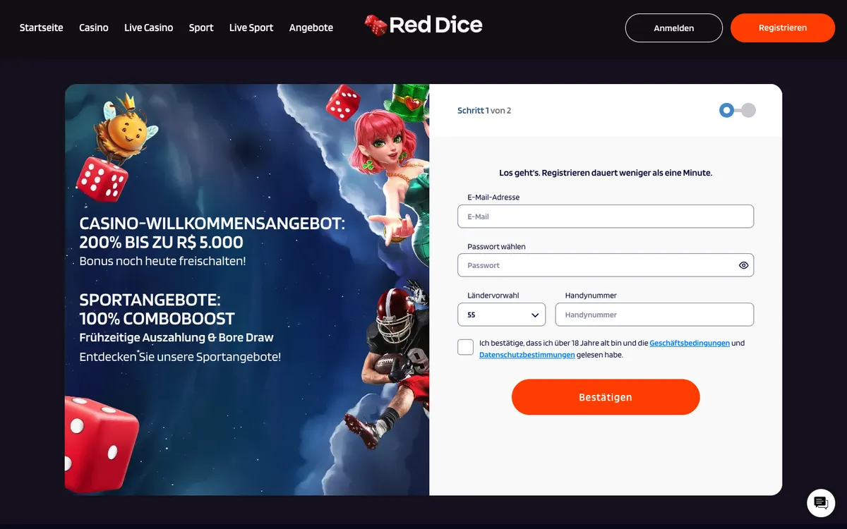Red Dice Casino — Sign-up, captured from Austria