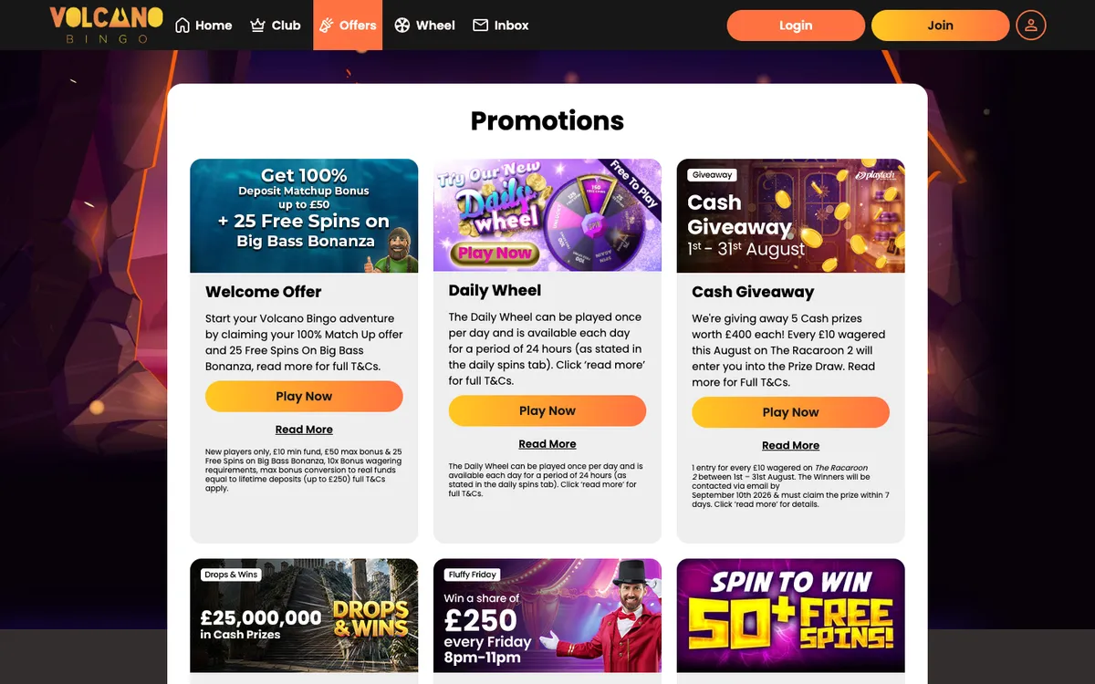 Volcano Bingo Casino — Promotions, captured from United Kingdom