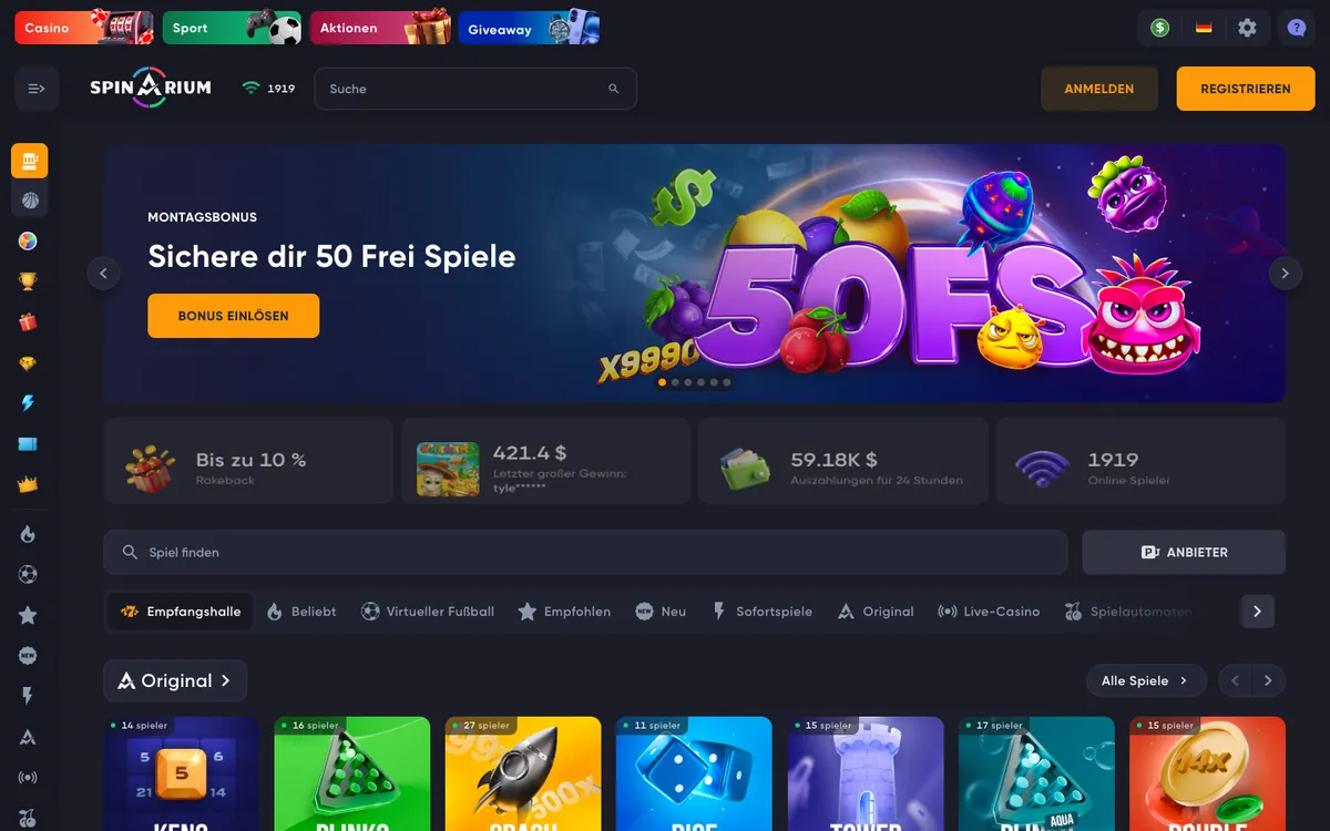 Spinarium Casino — Home page, captured from Austria