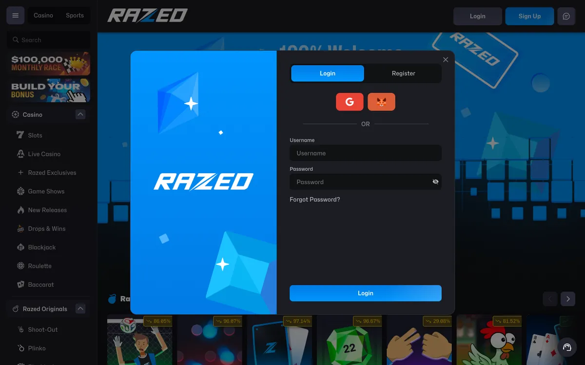 Razed Casino — Sign-up, captured from New Zealand