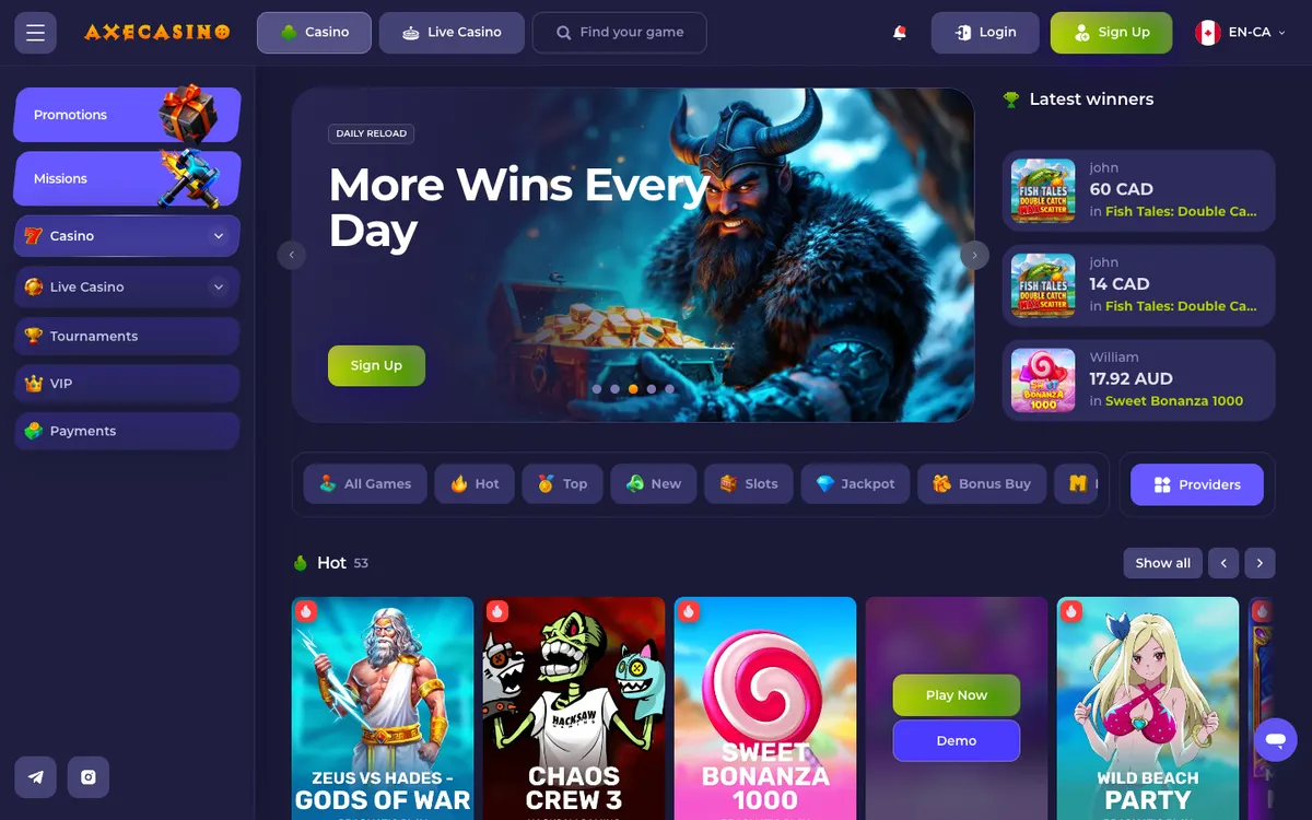 Axecasino — «Главная», снято из страны Канада