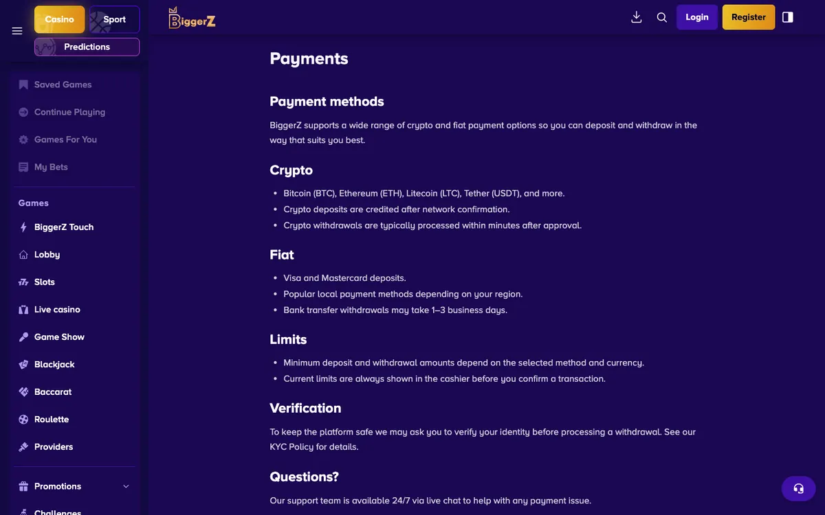 BiggerZ Casino — «Платежи», снято из страны Великобритания