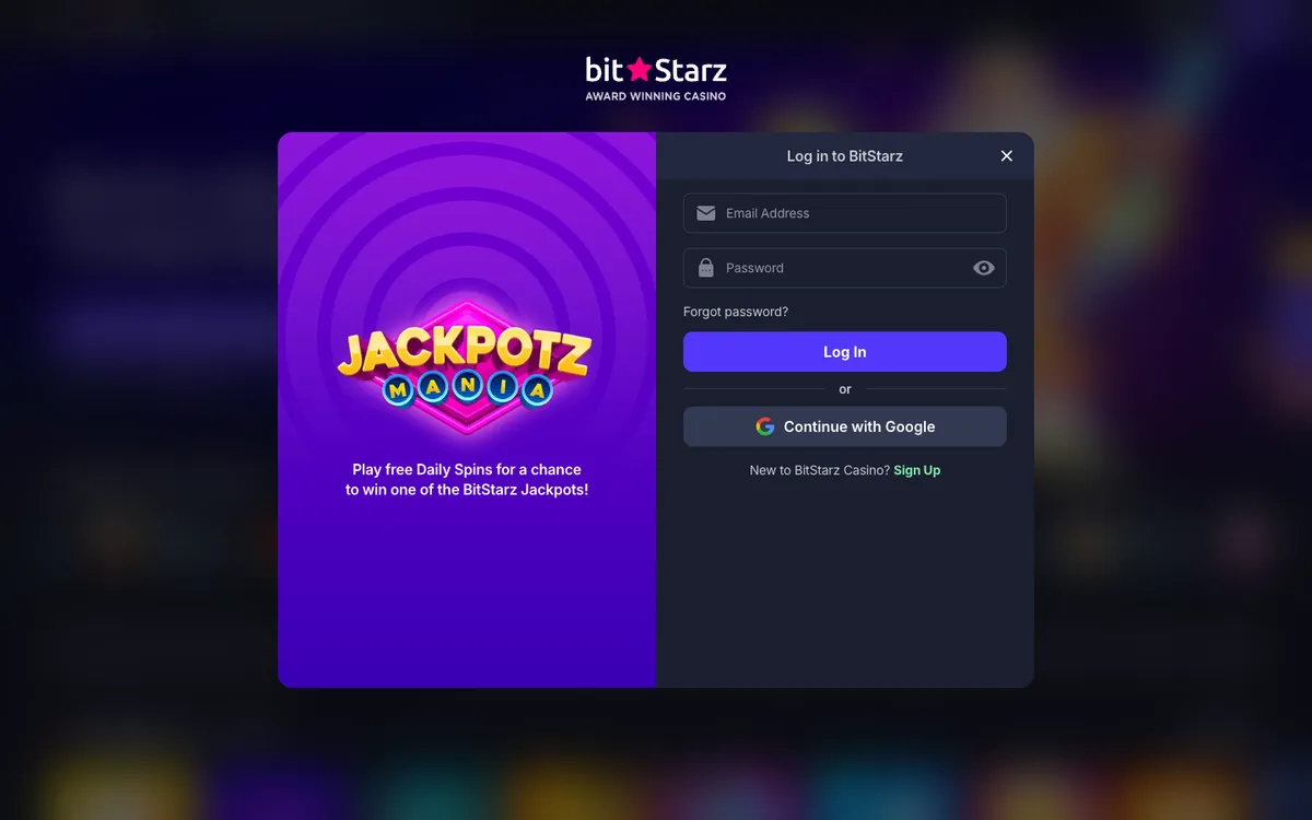BitStarz Casino — «Регистрация», снято из страны Австрия