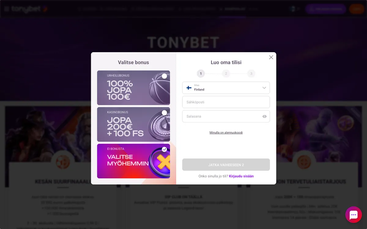 TonyBet Casino — Promotions, captured from Finland