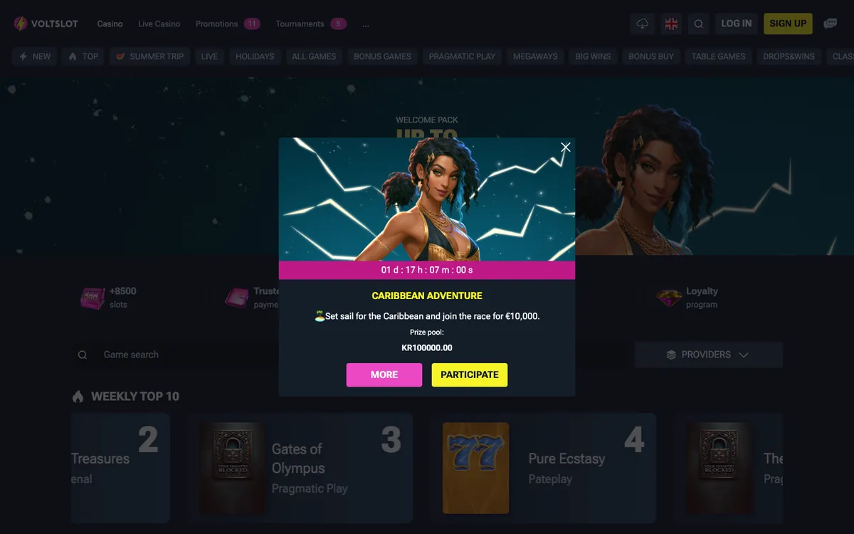Voltslot Casino — Home page, captured from Norway