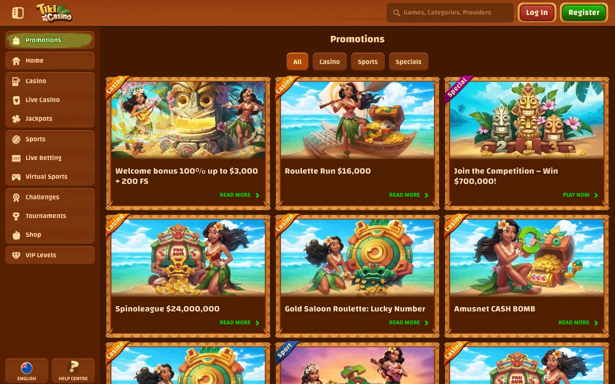 Tiki Casino — Promotions, captured from New Zealand