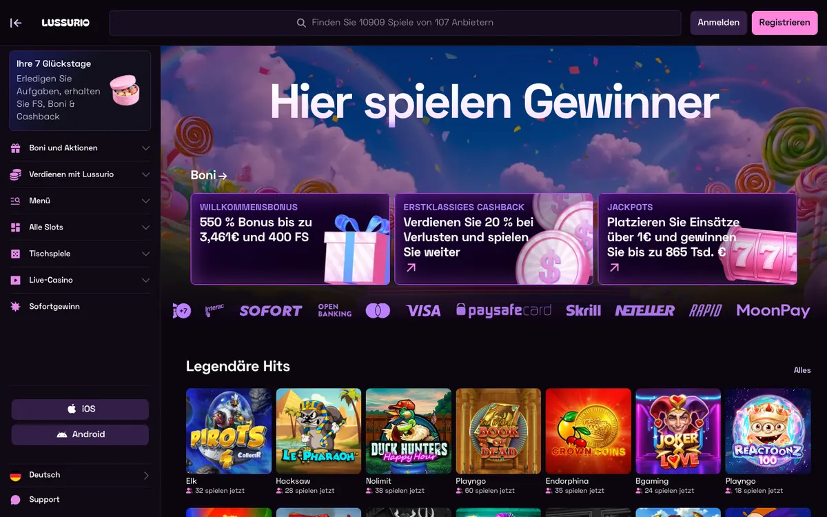 Lussurio Casino — Home page, captured from Austria