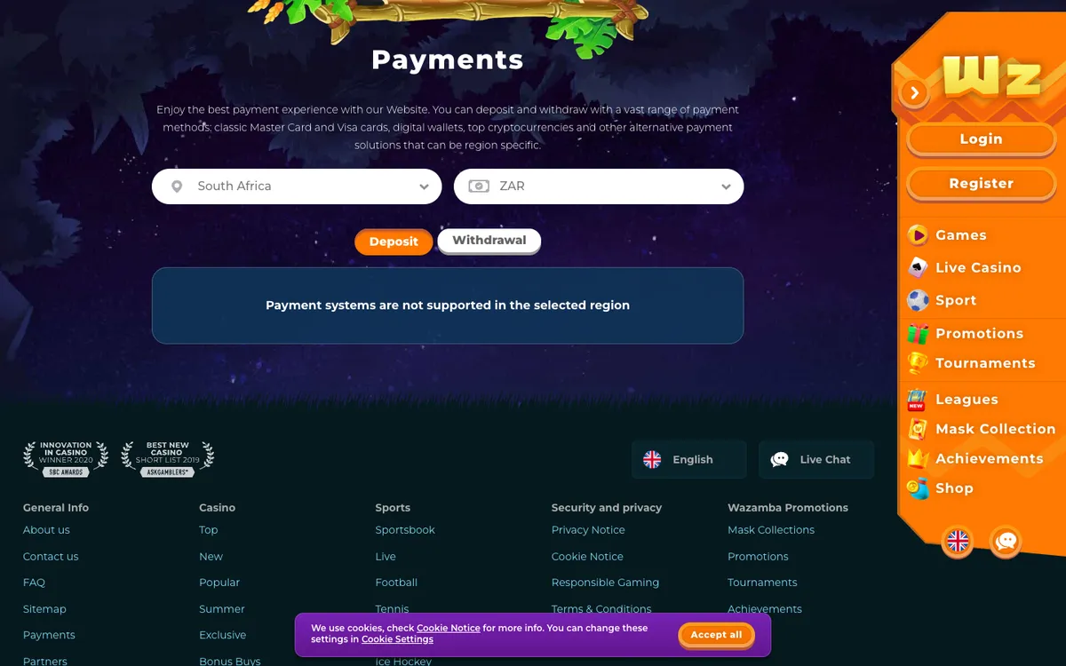 Wazamba Casino — «Платежи», снято из страны Южно-Африканская Республика
