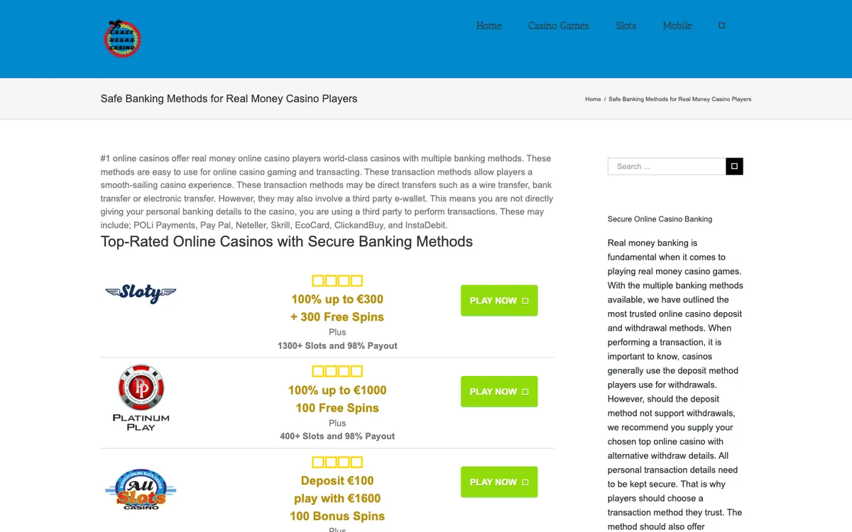 Crazy Vegas Casino — Payments, captured from Switzerland