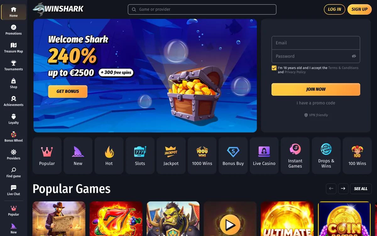 Winshark Casino — Home page, captured from New Zealand