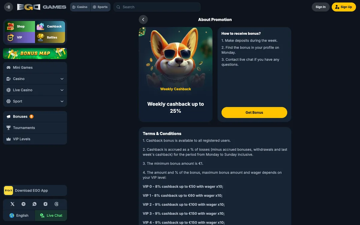 EgoGames Casino — Promotions, captured from Norway