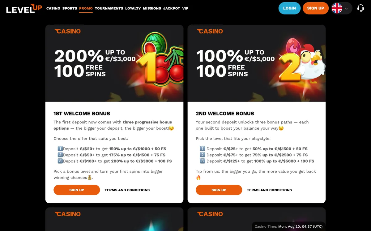 LevelUp Casino — Promotions, captured from Austria