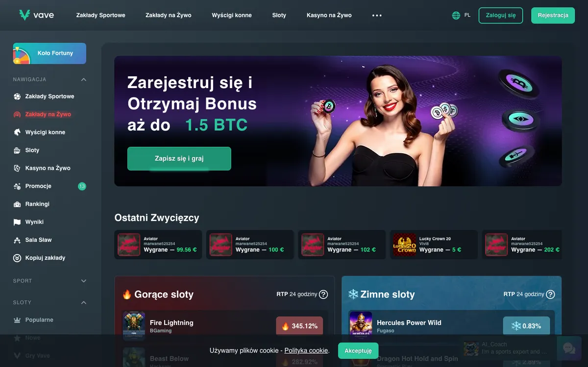 Vave Casino — Home page, captured from Poland