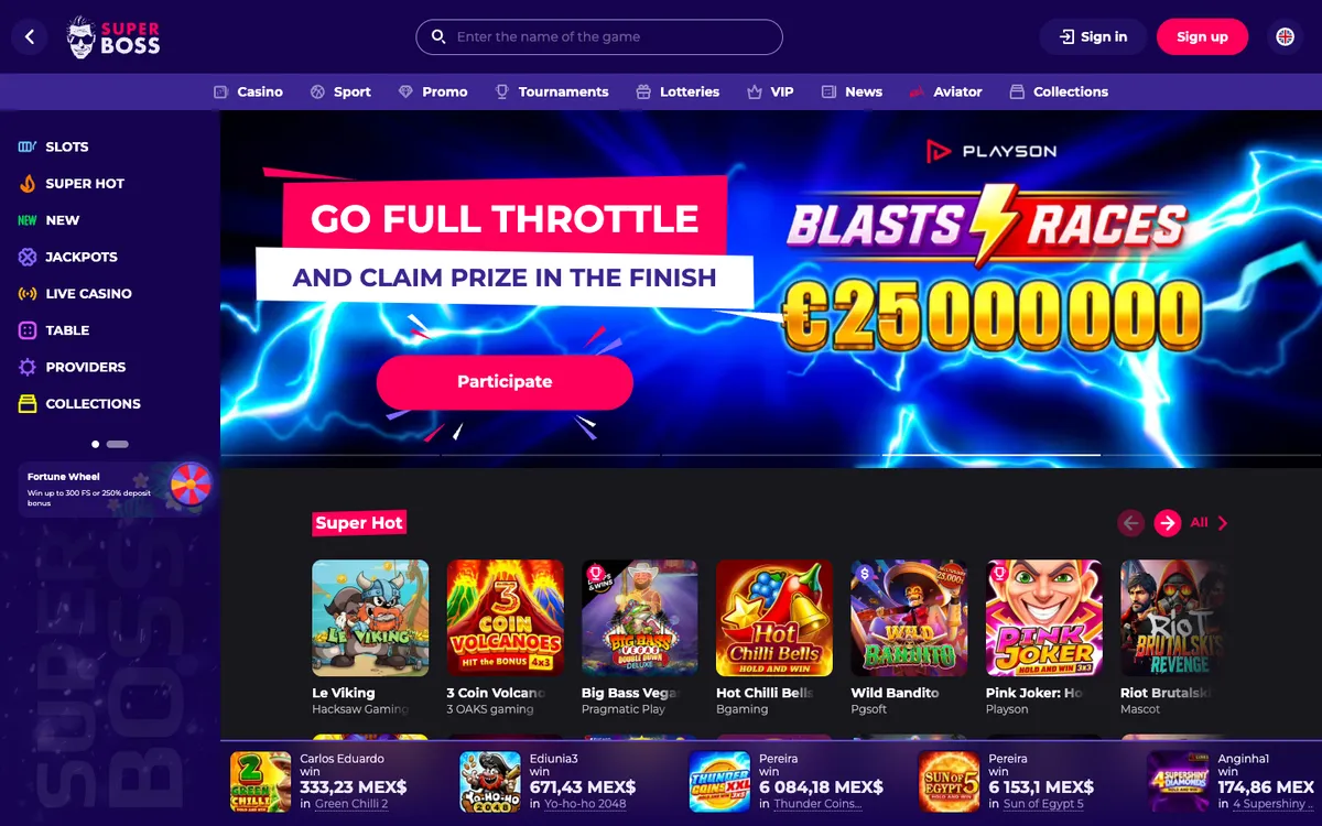 SuperBoss Casino — Home page, captured from Mexico