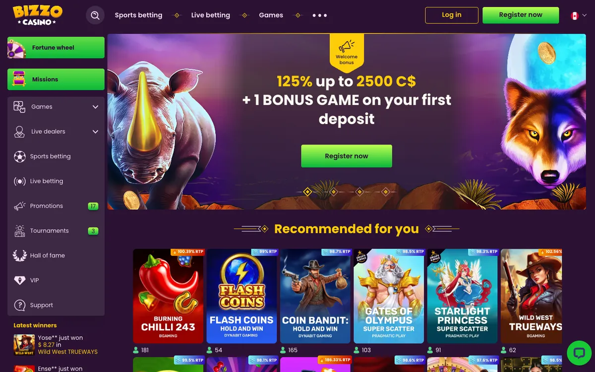 Bizzo Casino — Home page, captured from Canada