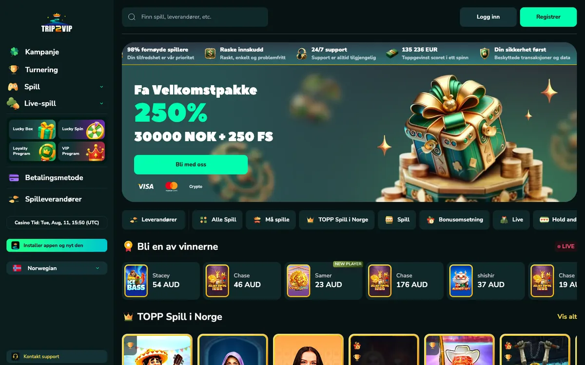 Trip2Vip Casino — «Главная», снято из страны Норвегия
