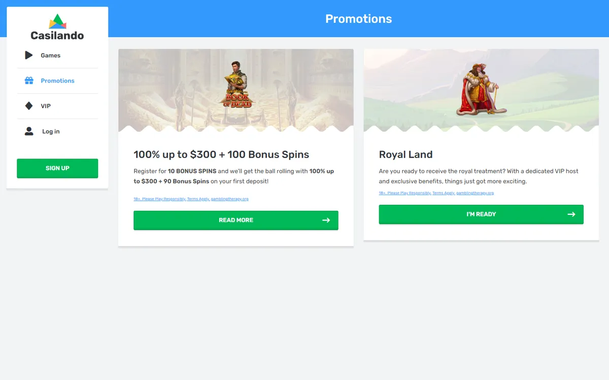 Casilando Casino — Promotions, captured from Canada