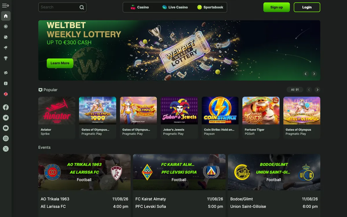 WeltBet Casino — «Главная», снято из страны Финляндия