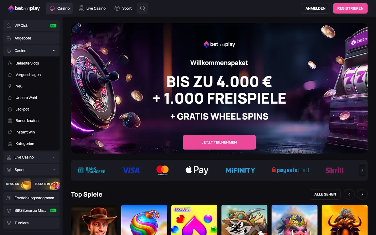 Betandplay Casino — Home page, captured from Germany
