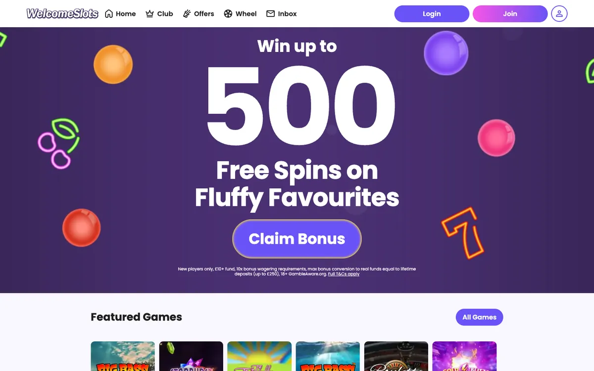 Welcome Slots Casino — Home page, captured from United Kingdom