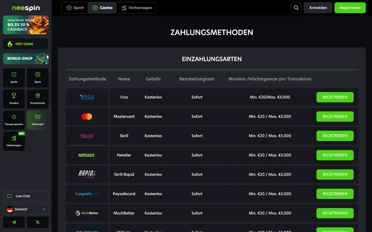 Neospin Casino — Payments, captured from Germany