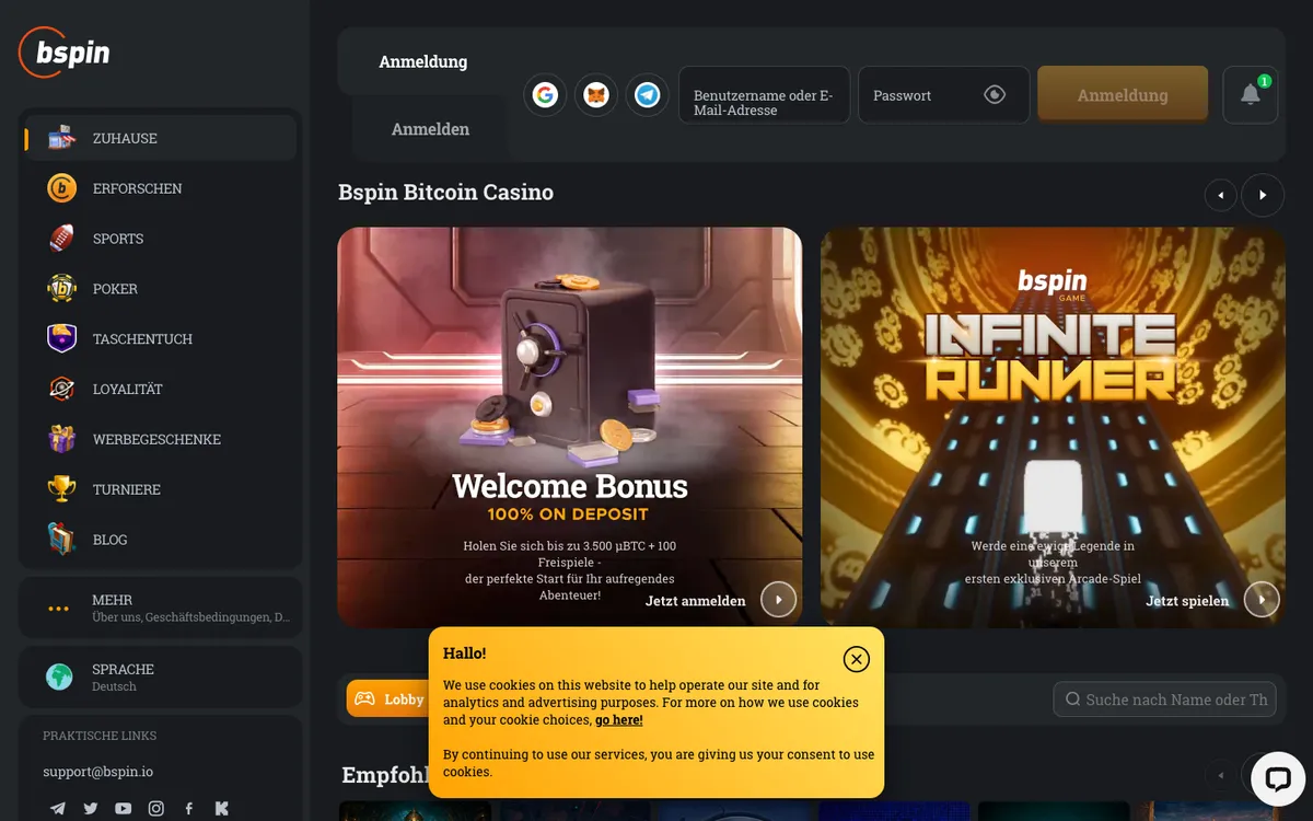 Bspin.io Casino — Home page, captured from Austria