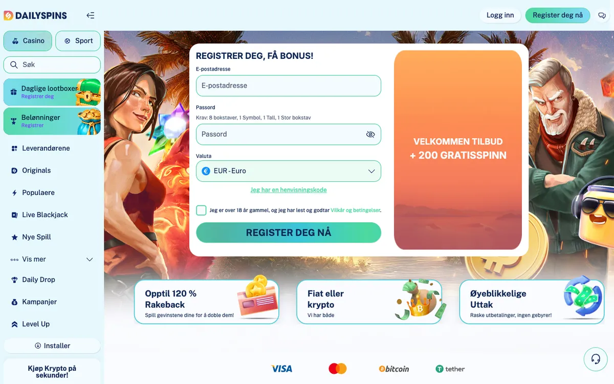 Dailyspins Casino — Home page, captured from Norway