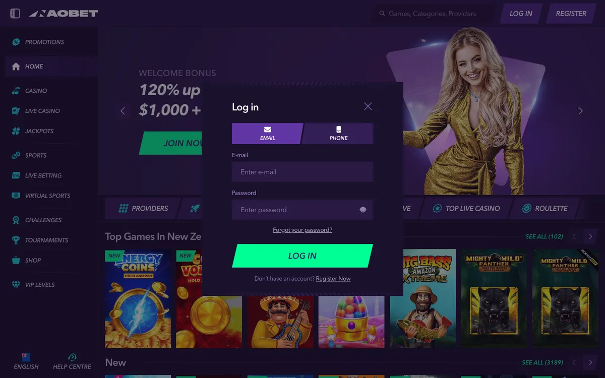 NaoBet Casino — «Регистрация», снято из страны Новая Зеландия