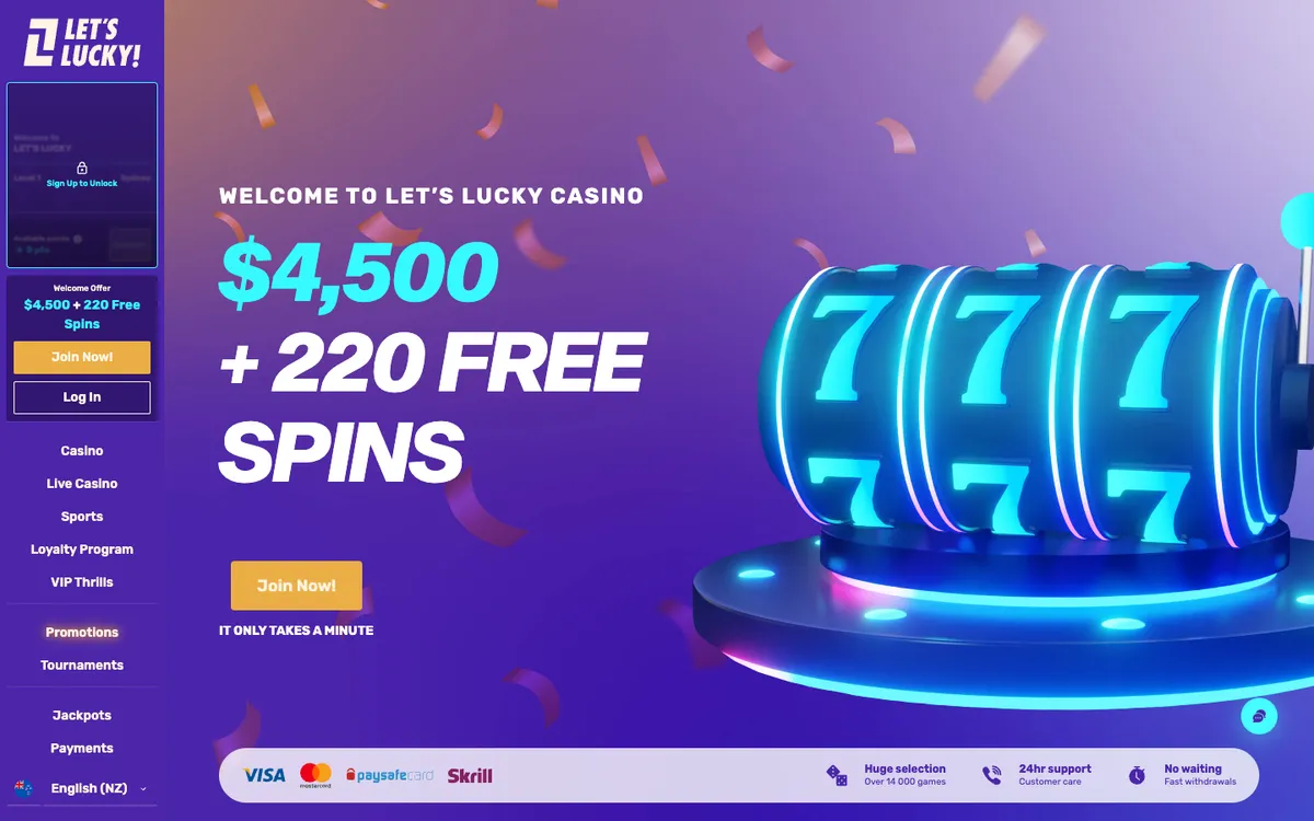 LetsLucky Casino — «Главная», снято из страны Новая Зеландия