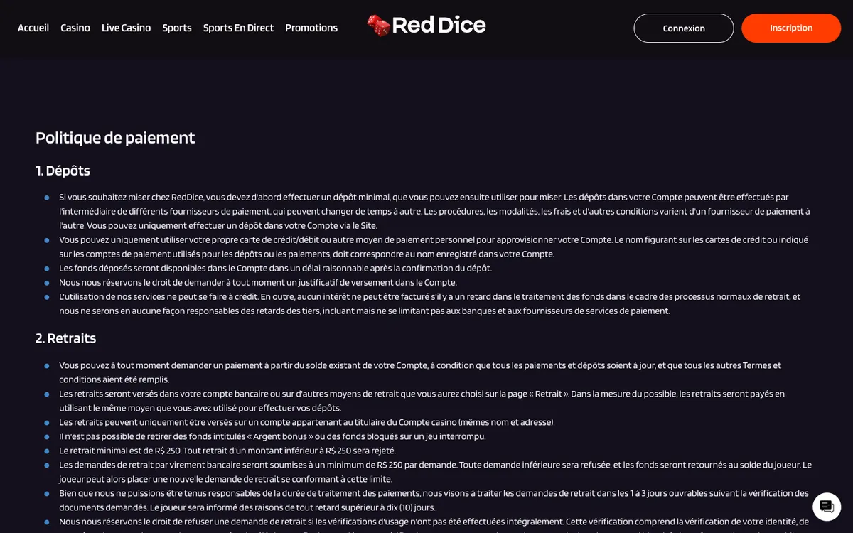 Red Dice Casino — Payments, captured from France