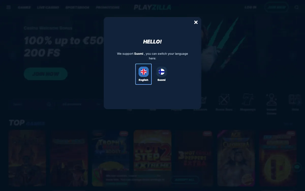 PlayZilla Casino — «Главная», снято из страны Финляндия