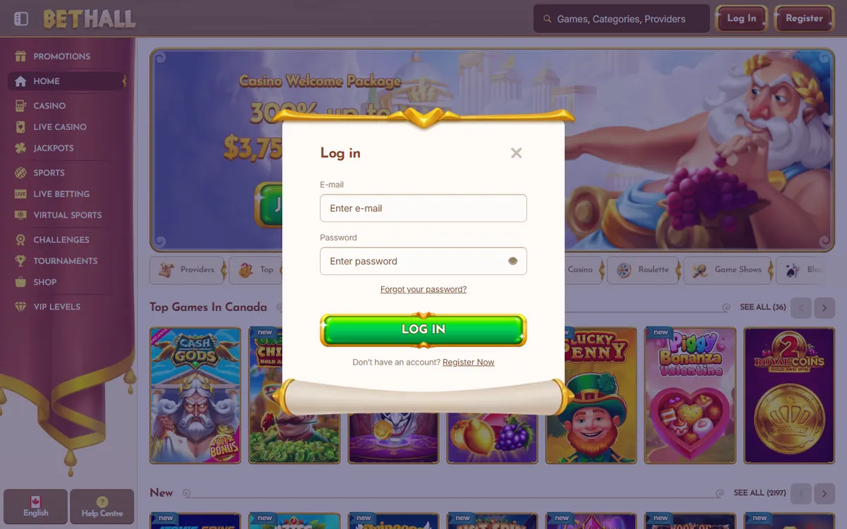 BetHall Casino — Sign-up, captured from Canada