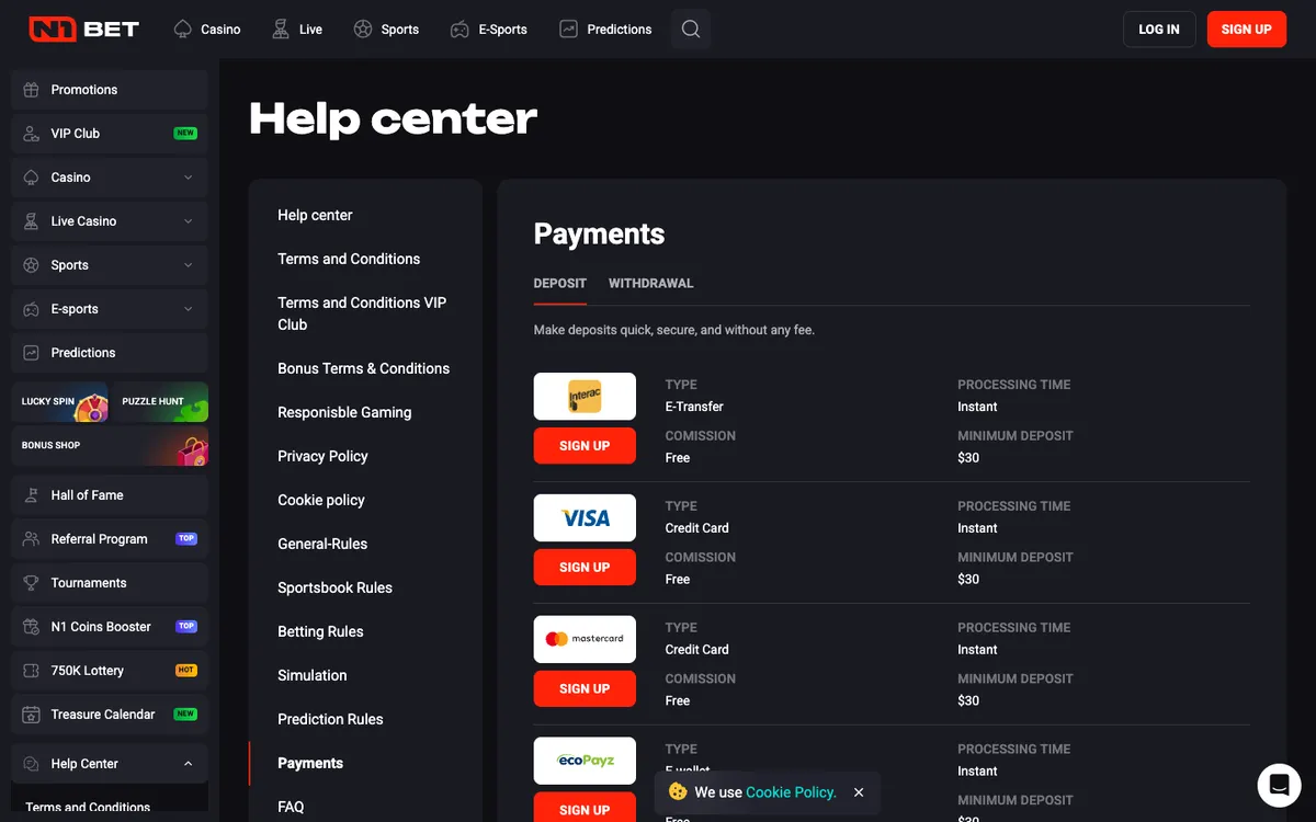 N1Bet Casino — «Платежи», снято из страны Канада