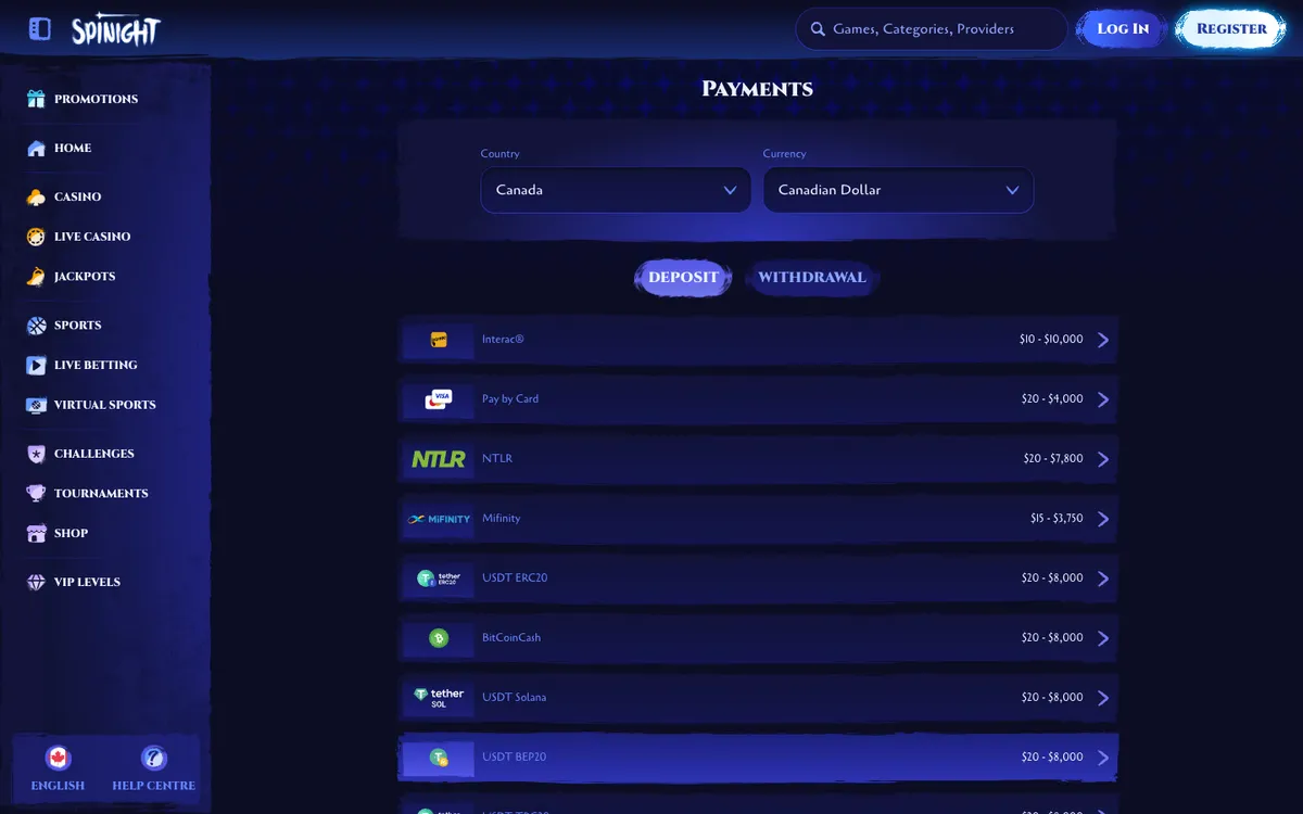 Spinight Casino — Payments, captured from Canada
