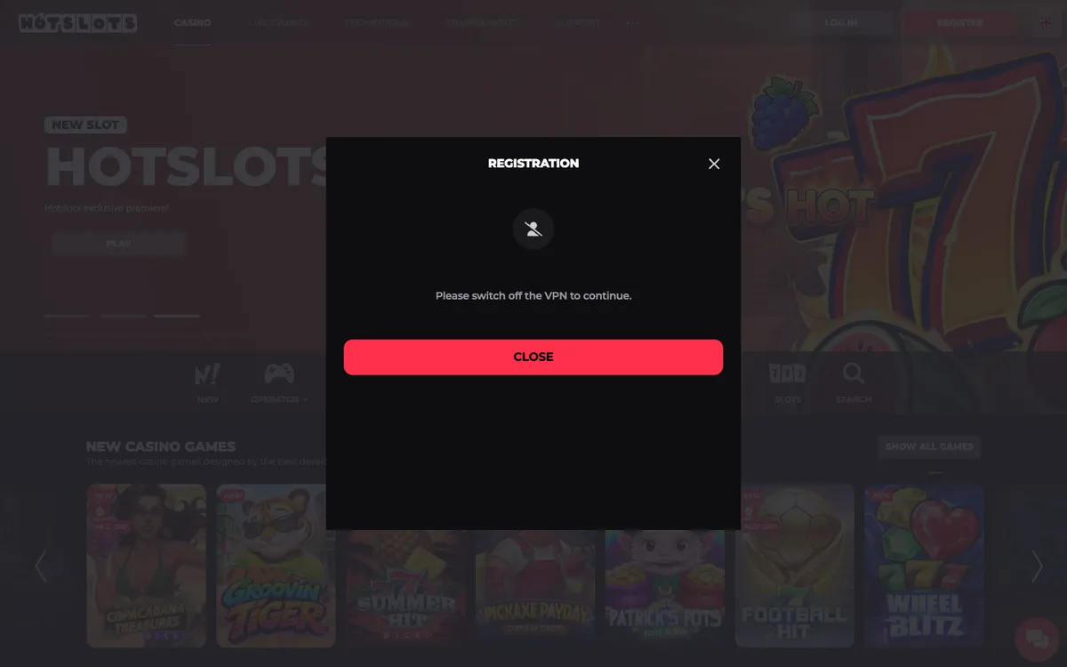 HotSlots Casino — Sign-up, captured from United Kingdom
