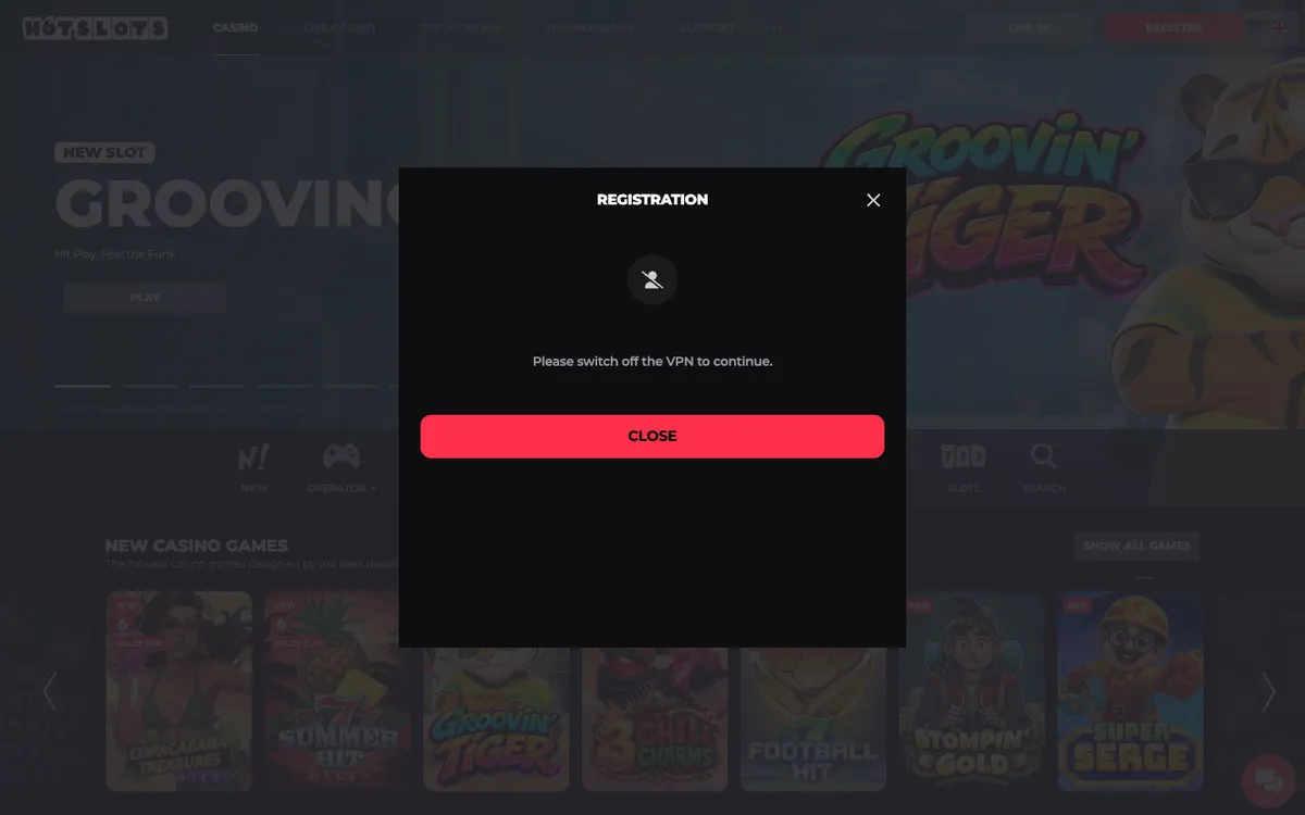 HotSlots Casino — Sign-up, captured from Austria