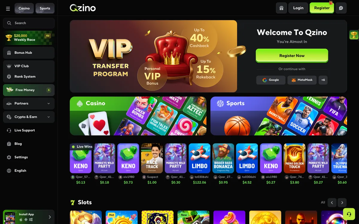 Qzino Casino — Home page, captured from Italy
