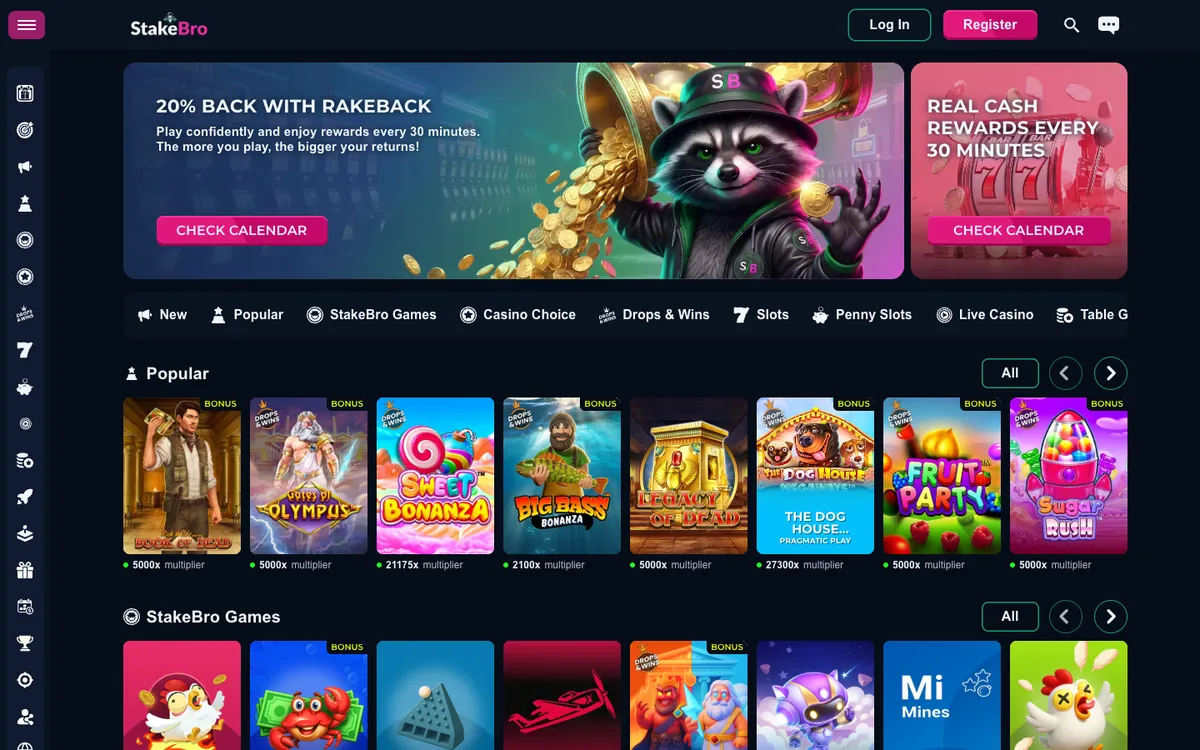 StakeBro Casino — «Главная», снято из страны Канада