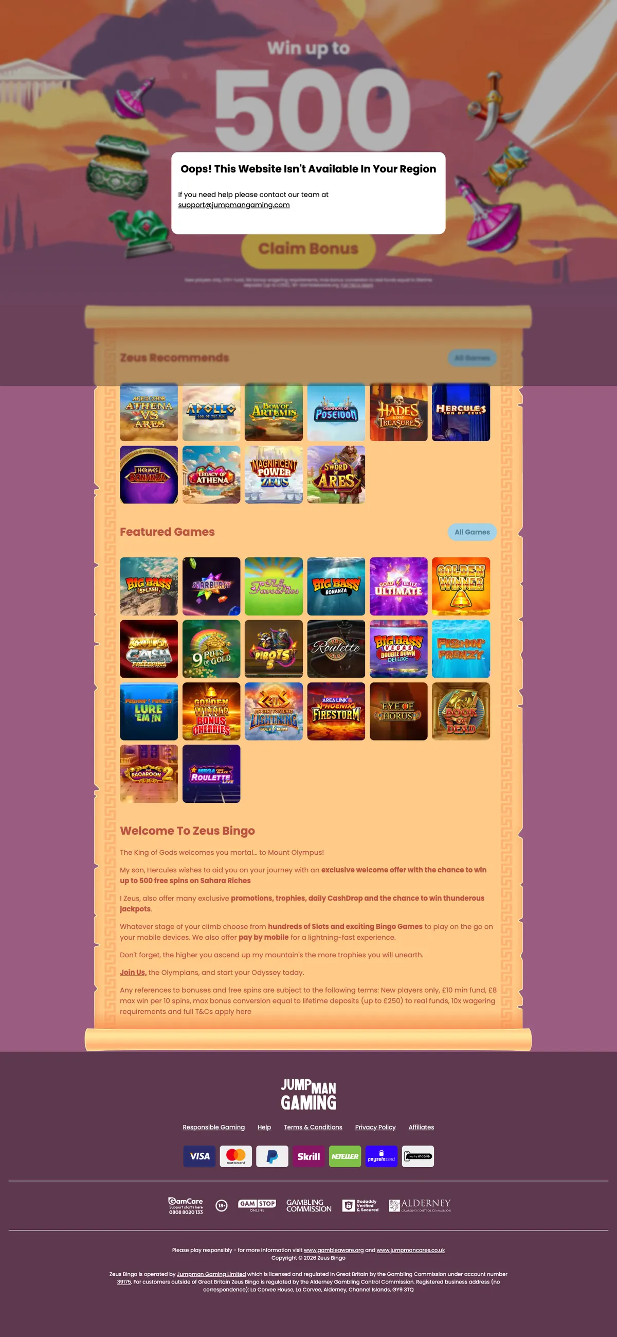 Zeus Bingo Casino — Home page, captured from Austria