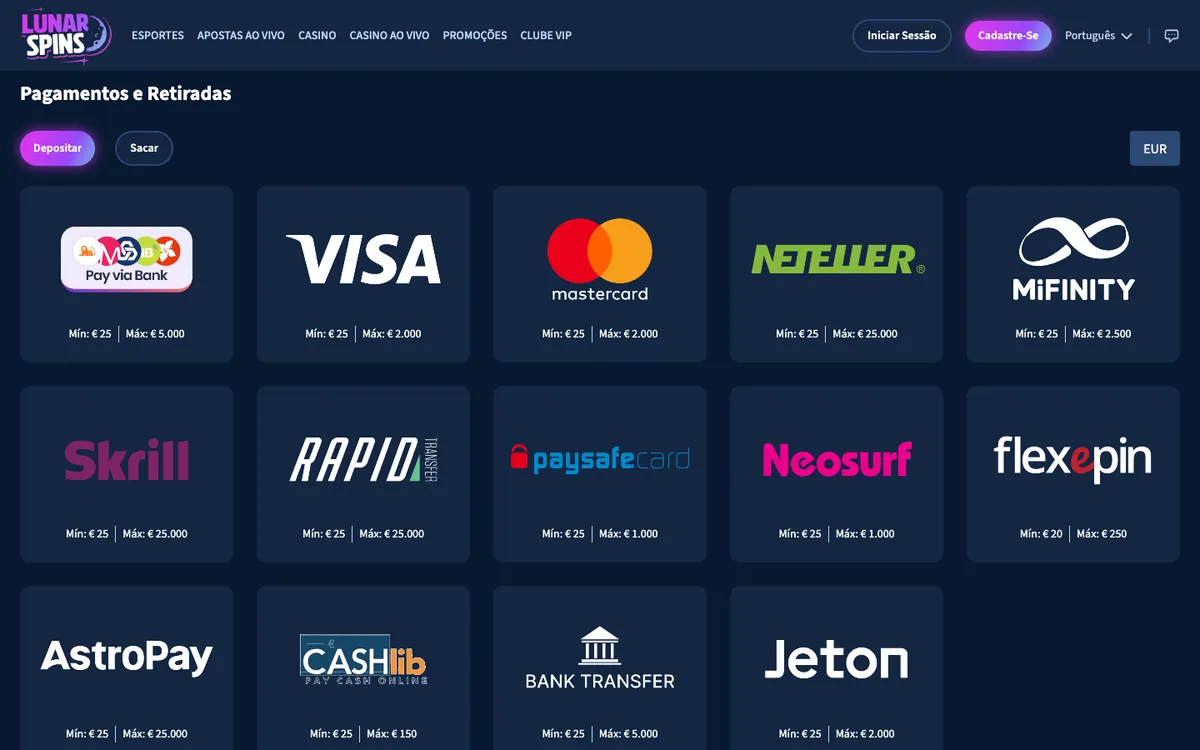 Lunarspins Casino — Payments, captured from Portugal