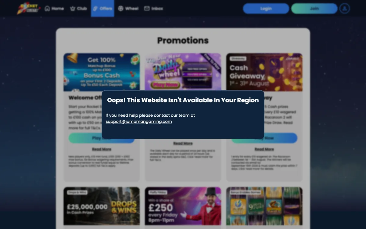 Rocket Slots Casino — «Акции», снято из страны Австрия