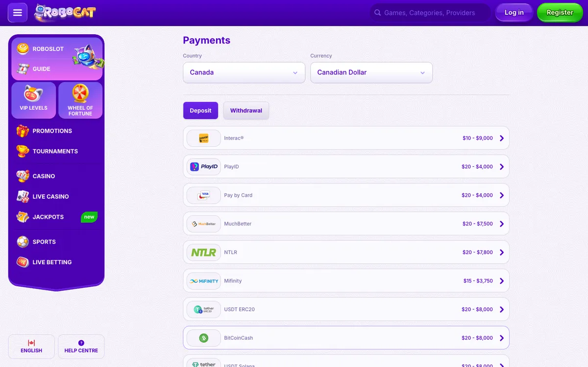 RoboCat Casino — Payments, captured from Canada